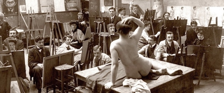 Illustration pour la nudité dansl'art : une femme posant nu, pour un cours de dessin, 1870